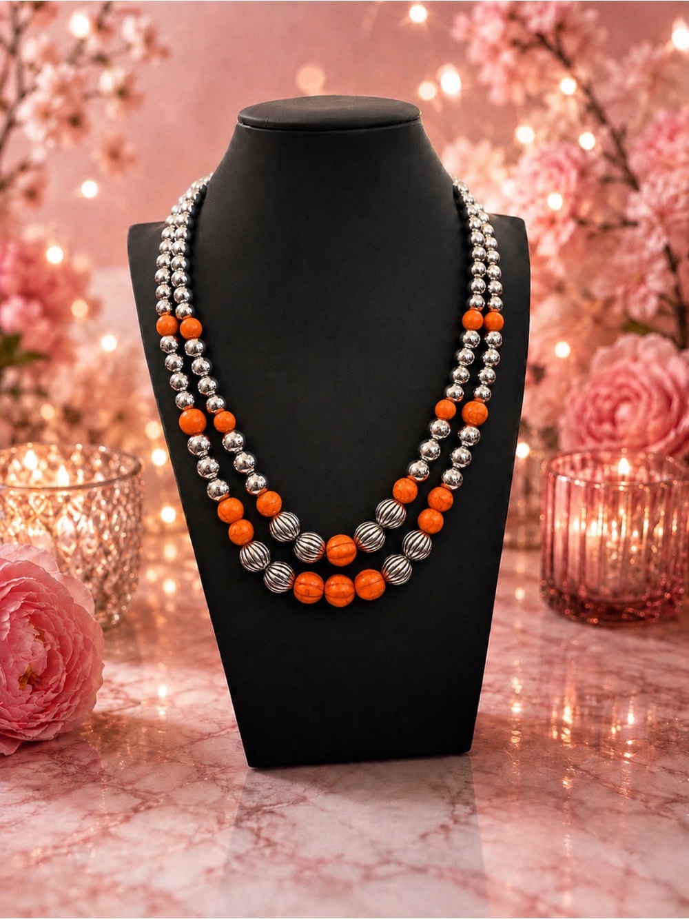 Orange and Silver Beaded Statement Necklace NWOT